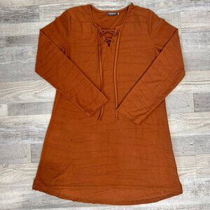 Earthbound Trading Co. Brown Knit Long Sleeve Dress Knee Length B25